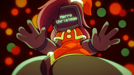 4_fingers black_background clothing dress fingers for_a_head grey_body hair long_hair looking_at_viewer low-angle_view machine merry_christmas not_furry pink_hair red_clothing red_dress screen screen_face simple_background solo text joel_g 2_ants_1_president hally_(2_ants_1_president) monitor_head object_head robot screen_head 16:9 english_text hi_res widescreen female_(lore)