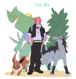 accessory adolescent age_progression anthro armband bandage bared_teeth bottomwear claws clothed clothing dog_tags feral footwear fully_clothed glaring_at_viewer group hair hair_accessory hair_tie hand_in_pocket intimidation jacket long_hair male open_mouth pants paws pockets pokeball popped_collar proud shirt shoes shoulder_bag simple_background size_difference smile standing teeth tied_hair topwear white_background young laiweitui nintendo pokemon a_mu_(laiweitui) fang_yuan_(laiweitui) pokemon_trainer canid canine eevee generation_1_pokemon generation_3_pokemon human mammal mightyena pokemon_(species) reptile scalie sceptile hi_res