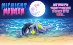 anthro beach breasts clothed clothing crawl detailed_background electronics female hair headphones light moon moonlight multicolored_hair night nipple_outline non-mammal_breasts outside sand seaside sky solo text water albinosharky lapfox_trax mayhem_(renard) fish marine shark hi_res