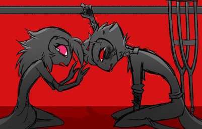 anthro bodily_fluids crutch crying duo female frown hair long_hair male medical_instrument pink_eyes red_background red_eyes sad scientific_instrument short_hair simple_background sitting tears therapy worried worried_face worried_look wounded teathekook hellaverse helluva_boss octavia_(helluva_boss) stolas_(helluva_boss) avian bird owl owl_demon daughter_(lore) father_(lore) father_and_child_(lore) father_and_daughter_(lore) parent_(lore) parent_and_child_(lore) parent_and_daughter_(lore)