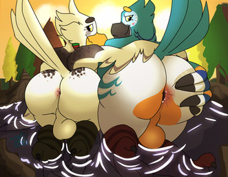 after_sex anthro anus backsack balls beak big_butt butt cloud duo feathered_wings feathers feet gaping gaping_anus genitals looking_at_viewer looking_back male male/male nude outside plant presenting sauna sky smile soles spread_anus spreading sunset thick_thighs toes tree water wings sylvanedadeer breath_of_the_wild nintendo the_legend_of_zelda kass_(tloz) teba_(tloz) avian bird rito 2019 absurd_res digital_media_(artwork) hi_res