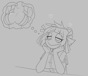 big_breasts blush breasts daydream duo female halo heart_symbol narrowed_eyes not_furry simple_background smile thinking_about_breasts thought_bubble jinx_doodle helltaker azazel_(helltaker) judgement_(helltaker) angel demon humanoid hi_res monochrome