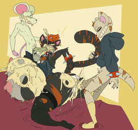 anal anal_penetration angry anthro bed big_breasts big_penis bodily_fluids bottomwear bottomwear_down bouncing_breasts bracelet breasts butt clenched_teeth clothed clothing collar cum cum_in_ass cum_in_mouth cum_inside cum_on_breasts cum_on_butt ear_piercing excessive_cum excessive_genital_fluids exposed_breasts fellatio female fist fur fur_markings furniture gangbang genital_fluids genitals group group_sex hand_on_head huge_breasts huge_penis hyper hyper_breasts jewelry kneeling lock male markings nipples one_eye_closed oral pants pants_down partially_clothed penetration penile penile_penetration penis penis_in_ass penis_in_mouth piercing sex spiked_bracelet spikes standing standing_sex tail tail_grab teeth torn_clothing trio underwear vaginal_fluids wardrobe_malfunction bigbun_3 bun-e alyssa_(runningdlog) travis_(bun-e) felid feline humanoid mammal murid murine rat rodent absurd_res hi_res