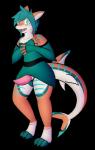 2018 alpha_channel anthro arm_warmers armwear blue_eyes blush budge_(artist) clothed clothing colin_(anonymous3355) digital_media_(artwork) erection fish genitals girly hair hi_res looking_at_viewer male marine open_mouth penis rock shark simple_background solo transparent_background