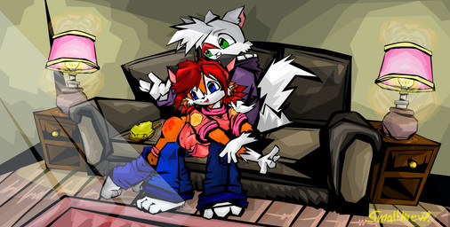 anthro bottomwear bottomwear_down brush butt butt_slap clothed clothing dominant dominant_male duo female furniture male male/female panties panties_down pants pants_down partially_clothed romantic romantic_couple slap sofa spank_marks spanked_butt spanking submissive submissive_female underwear underwear_down smallmew canid canine domestic_cat felid feline felis fox mammal 2010 hi_res signature