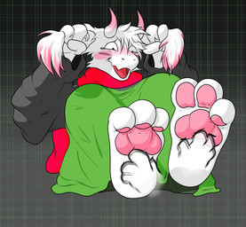 3_toes anthro blush bodily_fluids countershade_ears countershading disembodied_hand feet foot_fetish foot_focus fur grabbing_both_ears horn laugh male pawpads pink_horn sitting tears tickling tickling_feet toes white_body white_fur gremlinshiba deltarune undertale_(series) ralsei bovid caprine darkner goat mammal hi_res