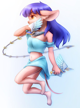 3_toes action_pose anthro barefoot breasts cleavage clothed clothing dagger feet female hair melee_weapon midriff navel plantigrade pose purple_hair solo toes weapon wings kuropapu dust:_an_elysian_tail bonnie_(elysian_tail) mammal mouse murid murine rodent hi_res