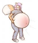 anthro belly belly_blush big_belly blue_bottomwear blue_clothing blue_pants blush body_blush bottomwear clothing exposed_belly footwear fur hair hand_on_belly holding_belly huge_belly hyper hyper_belly hyper_pregnancy looking_down looking_down_at_self male navel orange_body orange_fur pants pink_hair pregnant pregnant_anthro pregnant_male shoes simple_background solo standing stripes white_background theheliumtiger felid mammal pantherine tiger 2014