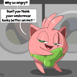 balls_outline bulge bulge_rubbing clothed clothing detailed_bulge dialogue erection erection_under_clothing eye_scar facial_scar genital_outline male panties penis_outline scar solo supervillain taunting tenting text underwear underwear_only underwear_theft fuf nintendo pokemon creampuff_(tepigfan101) generation_1_pokemon jigglypuff pokemon_(species) waddling_head 1:1 english_text hi_res