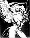 1995 anthro avian breasts cave european_mythology feathered_wings feathers female fire genitals greek_mythology greyscale licking melee_weapon monochrome mythological_avian mythological_bird mythological_creature mythological_firebird mythology nipples non-mammal_breasts non-mammal_nipples oscar_marcus phoenix plume pussy solo spread_wings sword tongue tongue_out weapon wings