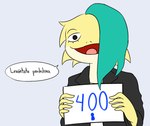 clothed clothing female green_hair hair holding_object jacket open_mouth open_smile sign simple_background smile solo speech_bubble text topwear yellow_body jdanieloart joy_(jdanieloart) agamid bearded_dragon lizard reptile scalie spanish_text translated