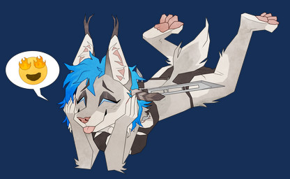anthro blep blue_hair blueberrylynx bobtail bottomwear breasts clothing emoji feather_hair_ornament female fur grey_body grey_fur hair loincloth lying melee_weapon on_front pawpads solo sword tongue tongue_out topwear tribal weapon unknown_artist blueberry_lynx canada_lynx felid feline lynx mammal alpha_channel hi_res