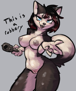 anthro areola bedroom_eyes black_body black_fur black_hair black_nose blue_eyes countershading curled_tail dipstick_tail dominant dominant_female female fur genitals grey_areola gun hair highlights_(coloring) holding_object holding_out_hand holding_weapon looking_at_viewer markings narrowed_eyes pink_vulva pointing_gun ranged_weapon red_highlights robber seductive small_waist smile solo standing tail tail_markings text thick_thighs vulva weapon white_body white_countershading wide_hips murrdusa canid canine canis domestic_dog husky mammal nordic_sled_dog spitz
