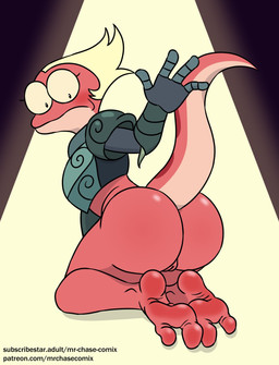 2_toes 4_fingers anthro armor black_eyes blonde_hair blush bottomless bottomless_anthro bottomless_female butt clothed clothing feet female fingers gauntlets genitals gloves hair handwear humanoid_feet innie_vulva kneeling looking_back multicolored_body pink_body plantigrade pupils short_hair small_pupils solo spots text thick_thighs toes topwear two_tone_body vulva wide_hips mrchasecomix amphibia_(series) disney general_yunan amphibian newt salamander hi_res url
