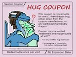 ambiguous_gender blue_body blue_skin coupon cuddling duo eyes_closed feral fur green_body green_fur hand_on_back heart_symbol horn hug looking_at_another looking_down male membrane_(anatomy) membranous_wings text wings tackykat mythology derek_(tackykat) ych_(character) canid canine dragon mammal mythological_creature mythological_scalie scalie 4:3 english_text meme