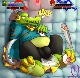 anthro ball baseball_bat bat_(object) big_claws bodily_fluids bulge burping claws clothing curling_toes electronics feet foot_focus green_body green_scales headphones hoodie licking licking_lips male scales self_lick sweat toe_claws toes tongue tongue_out topwear vore moofus lethal_league latch raptor_(lethal_league) crocodile crocodilian reptile scalie hi_res