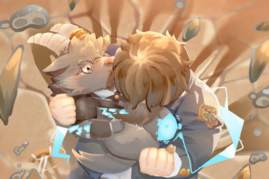 anthro black_body black_fur butler chibi clothing duo eyewear fur glasses horn hug male suit marunosuke579 lifewonders tokyo_afterschool_summoners protagonist_(tas) salomonkun twink_protagonist_(tas) bovid caprine goat human mammal absurd_res hi_res