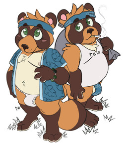 aged_up anthro asian_clothing balls barely_visible_balls barely_visible_genitalia belly brown_body brown_fur bulge cigarette clothing duo ear_piercing ear_ring east_asian_clothing fundoshi fur genitals green_eyes happi_(clothing) japanese_clothing male nipples overweight piercing ring_piercing shirt shortstack shortstack_male smoking tank_top topwear underwear tbid animal_crossing nintendo timmy_nook tommy_nook canid canine mammal raccoon_dog tanuki hi_res brother_(lore) brothers_(lore) sibling_(lore) twins_(lore)