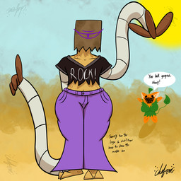 anthro bottomwear clear_sky clothing covered_face dialogue duo female female/female long_arms pants paper_bag purple_eyes sand sky speech_bubble sun text topwear chefrens gatabaza_(chefrens) sethra_(chefrens) reptile scalie snake 1:1 english_text hi_res
