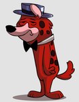 anthro biped black_nose bow_tie clothing fur hat headgear headwear male markings pink_inner_ear red_body red_fur red_tail shadow simple_background solo spots spotted_body spotted_fur standing tail white_background littlecl0ud hanna-barbera lippy_the_lion_and_hardy_har_har hardy_har_har hyena mammal spotted_hyena 2021 absurd_res full-length_portrait hi_res portrait