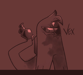 1_eye ambiguous_gender burn_scar cracked_eye cracked_lens frown glare glistening glistening_body gradient_background hair long_tail looking_at_viewer metal_plate ocular_prosthetic prosthetic rattle_(anatomy) scar screw simple_background solo stinger stinger_tail tail text demon_ascended among_us innersloth impostor_(among_us) vex_regnant_(demon_ascended) humanoid colored digital_drawing_(artwork) digital_media_(artwork) english_text shaded signature male_(lore)
