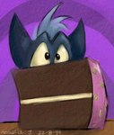 abstract_background ambiguous_gender anthro blue_body blue_fur blue_hair cake candy chocolate chocolate_cake dessert food fur hair looking_at_food looking_at_object purple_background simple_background solo spiral_background swike 1999