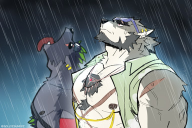 anthro armband barazoku beard biceps black_hair body_hair chest_hair chest_scar chest_tuft clothed clothing deltoids duo ear_piercing ear_ring eye_scar eyebrow_scar eyebrows eyewear eyewear_on_head facial_hair facial_scar fur gold_(metal) gold_ear_ring green_clothing green_highlights green_topwear green_vest grey_body grey_fur grey_hair hair highlights_(coloring) jewelry looking_up male multicolored_body multicolored_fur muscular muscular_anthro muscular_male necklace nipple_chain open_clothing open_topwear open_vest piercing raining ring_piercing scar shoulder_scar sunglasses sunglasses_on_head topless topless_male topwear tuft two_tone_body two_tone_fur vest wearing_sunglasses white_body white_fur x_scar sollyz anothereidos_of_dragon_vein_r yummy_rain_(meme) dickert_(anothereidos_r) full_house_(anothereidos_r) canid canine canis mammal wolf 2025 3:2 absurd_res hi_res meme