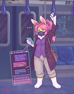anthro bag barefoot black_clothing black_jacket black_topwear bottomwear breasts bulge cellphone chair clothing commercial detailed_background electronics feet fur furniture gynomorph hair holding_object holding_phone intersex jacket mask pants phone pink_hair ponytail public_transportation purple_clothing purple_eyes purple_shirt purple_topwear shirt smartphone solo standing subway text topwear yellow_body yellow_fur keffotin soleil_(keffotin) lagomorph leporid mammal rabbit 2023 absurd_res digital_media_(artwork) english_text hi_res trans_(lore) trans_woman_(lore)