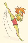 3_toes action_pose barefoot bottomwear clothing feet female flexible freckles hair kick membrane_(anatomy) orange_hair pose shorts simple_background solo splits spread_legs spreading thick_thighs toes webbed_feet herny hopping_gills priscilla_anchorstream amphibian frog humanoid 2016 hi_res