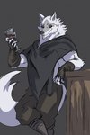 2024 alcohol anthro arm_support bedroom_eyes beverage biceps black_sclera bottomwear canid canine canis cloak clothed clothing container cup death_(puss_in_boots) dreamworks drinking_glass feet fluffy fluffy_tail foot_wraps fur glass glass_container glass_cup grey_background grin hand_wraps hi_res holding_glass holding_object howdypeepos looking_at_viewer male mammal narrowed_eyes pants pinup pose puss_in_boots_(dreamworks) red_eyes seductive simple_background smile solo standing tail white_body white_fur wine wine_glass wolf wraps