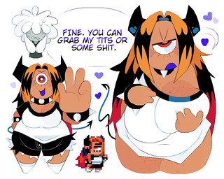 1_eye 2_horns 4_fingers big_breasts black_bottomwear black_clothing black_shorts bottomwear bracelet breasts cleavage clothed clothed_female clothing collar dialogue duo eyelashes female female_humanoid fingers freckled_breasts freckled_face freckled_legs freckled_thighs freckles front_view grabbing_own_breast hair heart_symbol holding_breast horn huge_breasts jewelry not_furry open_mouth parted_hair profanity red_eyes shirt shorts solo solo_focus spade_tail spiked_bracelet spiked_collar spikes tail text topwear white_clothing white_shirt white_topwear roockrt zozo_(y_ymoshy) cyclops demon demon_humanoid horned_humanoid humanoid 2025 5:4 digital_media_(artwork) english_text pixel_(artwork) portrait three-quarter_portrait