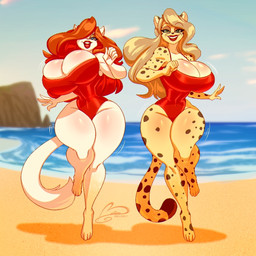 anthro big_breasts blonde_hair blue_eyes breasts clothing duo female fur hair huge_breasts one-piece_swimsuit red_hair spots swimwear tail white_body white_fur yellow_body yellow_fur ooo-belise-ooo baywatch anya_stelida lavanya_parda american_mink cheetah felid feline mammal mink mustelid musteline neovison true_musteline 1:1 watermark