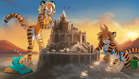 anthro beach bikini blonde_hair blue_hair brown_hair bucket buried buried_in_sand chest_tuft clothing container day detailed_background digitigrade eyes_closed female fur group hair kneeling long_hair lying male multicolored_body multicolored_fur navel one-piece_swimsuit open_mouth open_smile orange_body orange_fur outside sand sand_castle sculpture seaside sky smile standing striped_body striped_fur stripes sunset swimwear tail trio tuft two-piece_swimsuit white_body white_fur conditional_dnp tom_fischbach twokinds flora_(twokinds) ivy_(twokinds) trace_legacy felid human mammal pantherine tiger 2023 7:4 adobe_photoshop_(artwork) colored digital_media_(artwork) hi_res sibling_(lore) sister_(lore) sisters_(lore)