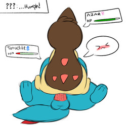 >_< balls blue_body blue_skin blush bodily_fluids cum duo ellipsis erection exclamation_point eyes_closed female female_penetrated female_symbol feral feral_on_feral gameplay_mechanics gender_symbol genital_fluids genitals gui health_bar interspecies male male/female male_penetrating male_penetrating_female male_symbol penetration penis question_mark sex simple_background symbol text vaginal_fluids vulva white_background blueditto nintendo pokemon azar cyndaquil generation_2_pokemon mammal pokemon_(species) reptile scalie shiny_pokemon totodile english_text