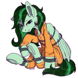 bound chain chained cuff_(restraint) female feral handcuffs iron_cuffs metal_cuffs orange_jumpsuit prison_uniform prisoner restraints shackles smile smirk solo cherry_kotya friendship_is_magic hasbro my_little_pony fan_character equid equine horse mammal pony 1:1 alternate_version_at_source hi_res