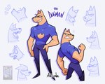 anthro blue_clothing blue_shirt blue_topwear boots clothing eyebrows eyes_closed fist footwear freckled_face freckles looking_at_viewer male narrowed_eyes open_mouth raised_eyebrow sharp_teeth shirt shoes simple_background smile solo teeth topwear white_background akiione dog_man_(series) dog_man_(character) canid canine hybrid mammal 2025 reference_image signature