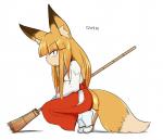 asian_clothing blonde_hair broom cleaning_tool clothed clothing crouching dipstick_ears dipstick_tail ear_markings east_asian_clothing female footwear hair holding_object inner_ear_fluff japanese_clothing legwear long_hair markings miko_outfit multicolored_ears multicolored_tail shrine_maiden socks solo tabi_socks tail tail_markings tuft sakifox kitsunemiko animal_humanoid canid canid_humanoid canine canine_humanoid fox_humanoid humanoid mammal mammal_humanoid