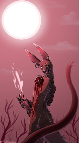 amputation anthro blood bodily_fluids cum genital_fluids genitals gore male missing_arm penis solo black_sun_apocalypse canid canine canis mammal wolf hi_res