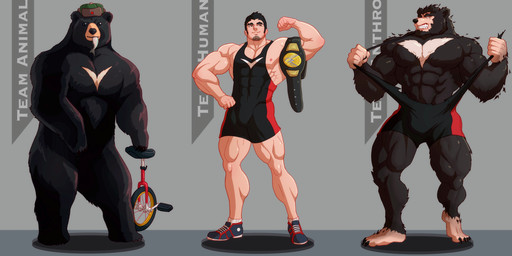 abs anthro black_body black_claws black_clothing black_fur black_hair black_nose black_shirt black_singlet black_tank_top black_topwear blue_clothing blue_footwear blue_shoes blue_sneakers bulge chest_markings claws clenched_teeth clothing facial_hair feral finger_claws fish_in_mouth flexing flexing_bicep footwear fur goatee green_clothing green_hat green_headwear group hair hat headgear headwear human_to_anthro male markings muscular muscular_anthro muscular_human muscular_male muscular_thighs nipples obliques pecs serratus shirt shoes smile sneakers species_transformation tank_top tearing_clothing tearing_own_clothing teeth text toe_claws topwear torn_clothing transformation trio unicycle vehicle white_body white_fur white_markings wrestling wrestling_singlet yecow bear black_bear fish human mammal marine ursine 2025 absurd_res english_text hi_res