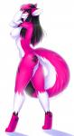 anthro biped black_hair breasts butt casual_nudity female footprint fur hair hand_on_head highlights_(coloring) long_hair looking_back nipples nude pawprint pink_highlights pose rear_view red_eyes side_boob simple_background solo sparklefur standing kitsunewaffles-chan yuki-the-fox yuki_the_fox canid canine fox mammal 2016 dated digital_media_(artwork) hi_res pinup shaded