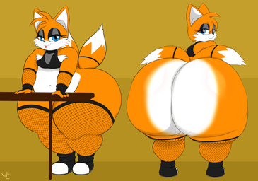 2_tails alternative_fashion anthro armwear belly big_butt butt clothing eyeshadow femboy fishnet_armwear fishnet_clothing fishnet_legwear furniture goth huge_butt huge_hips hyper hyper_butt legwear looking_at_viewer makeup male multi_tail presenting presenting_hindquarters slightly_chubby smug solo table tail tongue tongue_out wide_hips westrnchilla sega sonic_the_hedgehog_(series) miles_prower canid canine fox mammal 2026 absurd_res hi_res shaded simple_shading