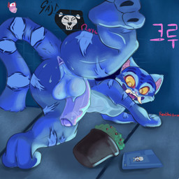 animal_genitalia anthro anus bodily_fluids butt feet feral foreskin genitals kpop looking_at_viewer male paws penis presenting presenting_anus presenting_hindquarters solo stretching sweat rexthenurse kpop_demon_hunters derpy_(kpop_demon_hunters) 1:1 hi_res