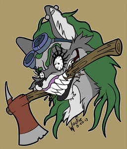 anthro axe bite black_body black_eyes black_nose black_skin ear_piercing eyelashes eyewear female fur goggles green_background green_hair grey_body grey_fur grin gums hair happy hatchet insane long_hair melee_weapon piercing sharp_teeth simple_background smile solo tan_background teeth weapon wood woofiebrisbane canid canine canis mammal wolf 2013 bust_portrait portrait