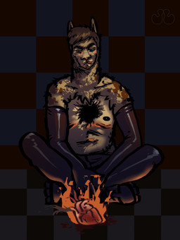 anthro beard boots checkered checkered_background checkered_floor clothing eyewear facial_hair fire footwear glasses gloves handwear heart_symbol male pattern_background shoes simple_background sitting sitting_on_ground solo stare wearing_glasses jameslewis g_jamez alpaca camelid mammal absurd_res hi_res
