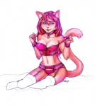 anthro areola blue_eyes bra breasts clothed clothing collar female garter_belt garter_straps legwear lingerie looking_at_viewer nipple_slip nipples off_shoulder panties simple_background skimpy solo stockings tail underwear undressing white_background fudchan kittyflame felid mammal