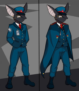 anthro big_ears biped black_body black_boots black_clothing black_footwear black_fur black_hair boots bottomwear button_(fastener) cape cheek_tuft clothing coat collared_shirt eyebrows eyelashes eyewear facial_tuft fangs footwear fur glasses gold_(metal) gold_button_(fastener) gold_piercing gold_ring_piercing golden_glasses green_bottomwear green_cape green_clothing green_coat green_hat green_headwear green_pants green_suit green_topwear hair hair_over_eye hat head_tuft headgear headwear id_card looking_at_viewer male markings necktie officers'_hat pants piercing pink_eyes pink_inner_ear pink_sclera pockets pupils red_necktie ring_piercing shirt shoes simple_background slit_pupils snaggle_tooth snout solo split_screen standing suit suit_jacket teeth thick_eyebrows topwear tuft wearing_hat white_clothing white_markings white_shirt white_topwear suitedwolfie space_station_13 cain_(suitedwolfie) bat mammal wingless_bat 2026 digital_drawing_(artwork) digital_media_(artwork) hi_res portrait shaded