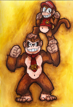 5_toes accessory anthro barefoot black_eyes brown_body brown_fur clothing conjoined_eyes duo feet fur hat headgear headwear male muscular muscular_male navel necktie prehensile_feet simple_background smile star teeth toes thenextgenhero donkey_kong_(series) nintendo diddy_kong donkey_kong_(character) ape haplorhine mammal monkey primate