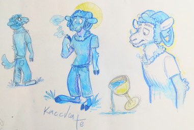 anthro clothed clothing fur hair horn male smile solo standing tail kaccvcate bovid caprine mammal sheep absurd_res hi_res model_sheet painting_(artwork) traditional_media_(artwork) watercolor_(artwork)