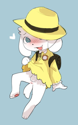 3_toes anthro anus backpack balls blue_background blush bottomless bottomwear clothed clothing clothing_lift crossdressing cute_fangs dress dress_lift fangs feet floppy_ears genitals hat headgear headwear heart_symbol kindergarten_uniform male no_underwear pawpads paws penis presenting presenting_penis raised_leg randoseru shota simple_background skirt skirt_lift smile solo tail teeth toes topwear young young_anthro young_male sheph canid canine canis domestic_dog mammal