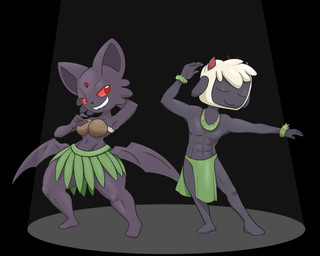 anthro black_body coconut_bra dancing duo female hip_wings leaf_skirt male red_eyes unusual_wing_placement king_of_sorrow_(artist) cult_of_the_lamb massive_monster_(studio) lamb_(cult_of_the_lamb) ruri_(cult_of_the_lamb) bovid caprine domestic_cat felid feline felis mammal sheep hi_res
